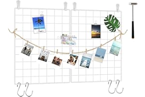 C&AHOME Photo Wall Panel, Wire Wall Grid, Wall Grid Panel, Grids Panel Set of 2, Decor Grid Panel, Photo Display Shelves, Hooks, Clips, Hemp Cord, Hammer, 15.7" × 11.8", White UWWGM3402W