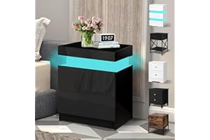ELFORDSON LED Bedside Table with 2 Drawers and 1 Top Drawer, Bedside Cabinet with 4-side High Gloss, 16 RGB LED Colours, Side Table Nightstand for Bedroom Living Room Home Furniture, Black