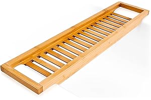 Relaxdays Bamboo Bathtub Caddy, Wooden Bathroom Rack, 4 x 64 x 15 cm, Over The Tub Storage Tray, with Rails, Natural Brown