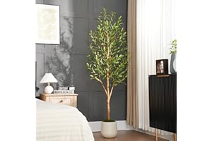 Keeplush 6ft Artificial Olive Tree, Fake Olive Tree with 672 Lifelike Olive Leaves and 48 Fruits, Faux Olive Silk Plants with Natural Wood Trunk in Pot for Live Room Bedroom Office Decor