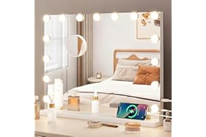 YOURLITE Miroir Maquillage Hollywood 58X45 cm,15 Ampoules LEDMiroir Coiffeuse Luminosité Variable avec Port USB, Contrôle Tactile avec Loupe Grossissante, pour Coiffeuse Miroir sur Table/sur Mur
