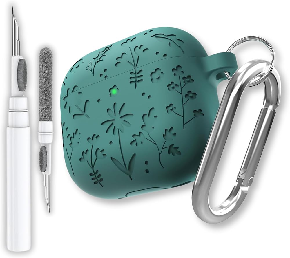 EWEC AirPods 4. Nesil ve AirPods 5. Nesil Uyumlu Çiçek İşlemeli Premium Silikon Kulaklık Kılıfı ve 3'ü 1 Arada Bluetooth Kulaklık Temizleme Kalemi Seti (Orman Yeşili)