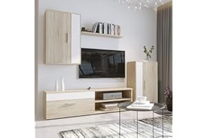 Homely - 4 Muebles de Modular Ibiza Mini | Conjunto Completo | Mueble para Televisión + Mueble Bajo + Mueble Alto + Estantería | Color Roble y Blanco