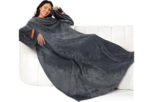 Winthome Coperta con Maniche - Coperta Pile Morbida e Calda, Plaid con Maniche con Velcro, Coperta Indossabile per Regalo Natalizio Donna Uomo, Risparmia Costi di Riscaldamento (Grigio, 140x180cm)