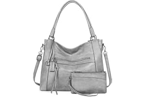 BAIGIO 2-piece Handbags Womens Hobos Shoulder Bags Large Faux Leather Top-Handle Bag Ladies Cross Body Tote Bag with Zipper & Wristlet Purse, for College Work Business Shopping Travel, Light Gray
