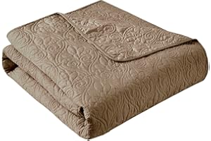 Madison Park Madison Park Luxe pikowany koc narzutowy – wzór ze szwami adamaszkowymi, wypełniony bawełną, ultramiękka, przytulna pościel na kanapę, sofę, łóżko, 152 x 178 cm, khaki