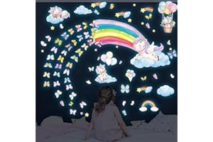 HSDSH Adesivi da Parete Fluorescenti Unicorno Arcobaleno, Unicorno Adesivo Luminoso Adesivi Murali Farfalle Nube Stella Decorazione Murale Asilo Nido Camera da Letto Cameretta Bambini per Ragazze Blu