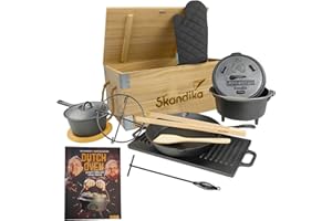 Skandika Dutch Oven Set Flame Master en caja de madera | 11 piezas, ya quemado, trípode, muchos accesorios | set de hierro fundido, parrilla, barbacoa