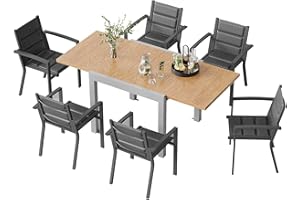 TRIUMPHKEY Salon de Jardin Extérieur 6 Personnes en Aluminium - Table Extensible (80-160 cm) & 6 Chaises Stapelables - Ensemble Terrasse et Jardin, Protocole