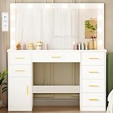 ANWBROAD Large Makeup Vanity with Glass Dimmable LED Lights | Dressing Table with Plugs, Mirror, 7 Drawers, Makeup Table Mode