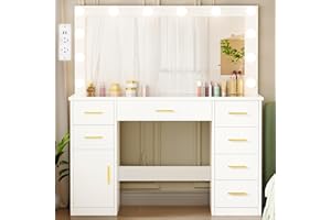 ANWBROAD Toeletta da Trucco con Luci e Grande Specchio, Moderna Postazione Trucco,Toletta con Piano in Vetro e Prese Tavolo da Trucco on 7 Cassetti, Bianco 140x110x40cm BDT83W