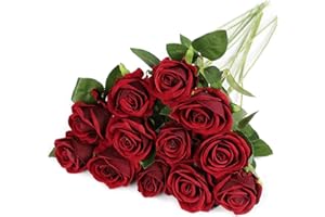 Anaoo 12 PCS Rosas Artificiales Flores Rosa de Seda Realista de Largo Tallo con Ramo Decoración Nupcial de Novia Arreglos Florales de Boda, Hogar, Jardin, Hotel, Bouquet, Centros de Mesa, Borgoña
