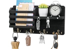 SWTYMIKI Key Holder for Wall with Magnet Hanging, Wooden Key Hooks Wall Mounted Shelf with Mail Sorter and 4 Double Hooks, Decorative Key Rack Key Hangers for Entryway, Mudroom, Bedroom, Living Room