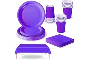 COSORO 69 Pezzi Set Stoviglie per Feste Viola,Piatti Tazze Asciugamani di Carta Tovaglia Plastica Stoviglie Monouso Biodegradabili,Decorazione Desktop per Feste di Compleanno,Picnic,Baby Shower