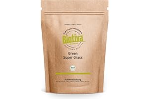 Green Super Gras poudre bio 400g - poudre d'herbe d'orge & d'herbe de blé - idéal dans le muesli, le yaourt, les smoothies et les jus - certifié et contrôlé en Allemagne - Biotiva