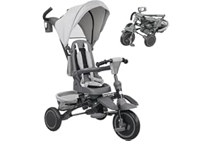 AIYAPLAY Tricycle bébé évolutif 6 en 1, Tricycle Enfant Pliable avec poignée parentale réglable et Capote Amovible, siège pivotant 360°, Poussette bébé avec Harnais de sécurité, Panier et Sac, Gris