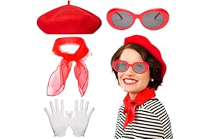 COEKI French Women set, 4 Pieces Vintage Classic French Beret Hat, Wool Berets Beanies Cap Hats, Chiffon Scarf, Gloves, Retro Oval Sunglasses, French Artist Mime Kit for Women Girls Cosplay Party Supplies
