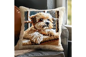 RKFLGEW DIY knüpfen set anfänger Süßer Hund knüpfkissen mit vordruck Cartoon-Tiere Knüpfhaken-Kissen-Set，DIY-Kissenbezug zum Basteln，bedruckte Leinwand für Anfänger，Stickerei，Bastelkissen 43x43cm