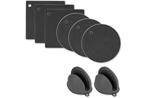 Uktunu Silikon Topf-Untersetzer und Ofenhandschuhe Set 6er Tischset Topfuntersetzer 2er Silikon Handschuhe Pot Holder Anti-Rutsch Topflappen Geeignet für Kochen Backen Grillen Schwarz
