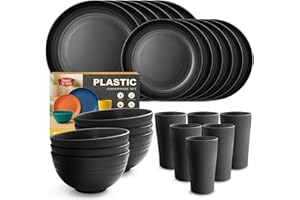 Teivio 24-Piece Kitchen Plastic Dinner Set, Service for 6, Dinner Plates, Dessert Plates, Cereal Bowls, Cups, Unbreakable Plastic Plates and Bowls Set, Outdoor Camping Dishes, Black