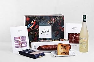 VETA IBÉRICOS GOURMET Plan de Viernes – Pack Gourmet con Jamón Ibérico, Lomo Ibérico, Queso Curado con Ajo Negro, Pan Crujiente y Vino Barbadillo – Ideal para Regalar o Disfrutar en Casa