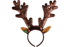 Aodaer Christmas Brown Reindeer Headband Sequined Antler Headwear Christmas Party for Young People and Adults