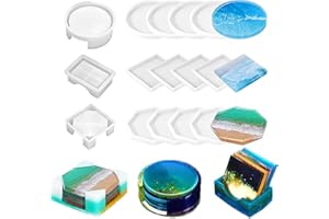 STOUCLA Lot de moules en résine époxy, avec formes rondes, carrées et octogonales pour résine époxy, dessous de verre en silicone (15-Pack)