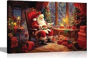 Artley Prints - Happy Santa Opening Letters Canvas Wall Pictures Framed Art Prints for Hanging Christmas Colourful Decor 76 x 50cm (30 x 20 inches)