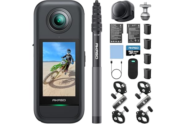 AKASO 360 Kit Moto pour Caméra d'action, Camera Sport à 360° avec Carte Mémoire 128 Go, 5.7K 360 Vidéo, 72MP Photo, SuperSmooth, 2.29" Écran Tactile, Effet Selfie Stick Invisible, Horizon 360° Lock
