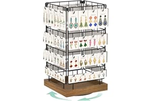 EsLuker.ly Rotating Earring Display Holder Stand for Vendors Events Selling, Large Capacity 64 Hooks Jewelry Rack with Wooden Base for Earring Card Sales, Enhances Retail Visibility (Brown+Black)
