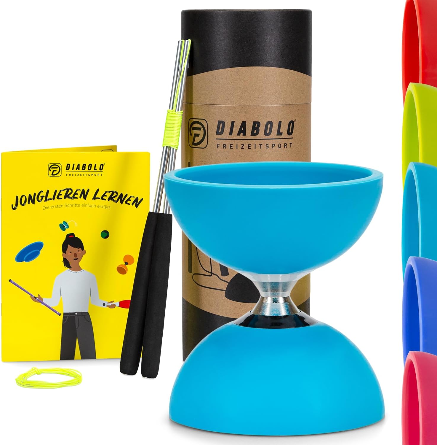 Diabolo Freizeitsport Set de Malabares Pro con diábolo de Bolas (Turquesa), Palos de Aluminio, Cuerda de Repuesto (160cm) e Instrucciones Impresas (DE)- con Embalaje de Regalo Ideal para Regalar
