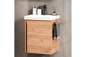 ‎PLANETMÖBEL Planetmöbel Waschtisch mit Unterschrank 50 cm inkl. Waschtischarmatur schwarz, Badmöbel Set mit Waschbecken, hängend, Gold Eiche