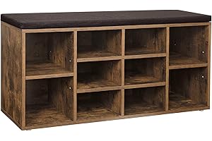 VASAGLE Shoe Bench, Shoe Shelf, Shoe Rack, Storage Cabinet, 10 Compartments, with Cushion, for Entryway, 104 x 30 x 48 cm, Rustic Brown LHS10BX