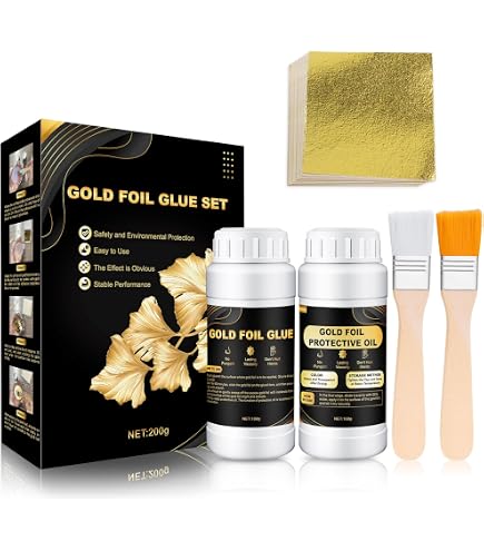 Kit Feuille D'Or 100 Pièces Avec Colle 100ml, Vernis 100ml Et Accessoires - Dorure Meubles Et Décoration