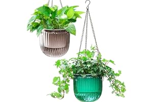 Melphoe Lot de 2 Pots de Fleurs à Suspendre à Auto-arrosage pour intérieur et extérieur, 16,5 cm, Panier de Fleurs Suspendu avec 3 Crochets et Trous de Drainage pour Jardin, Maison (émeraude + Gris)
