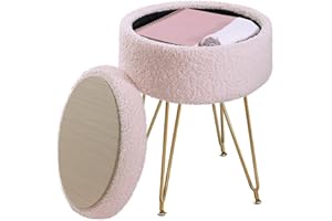 ABHENG Storage Ottoman Round Footrest Stool, Vanity Stool Chair Faux Teddy Fur with Storage, Modern Multifunctional Chairs, 32 x 32 x 44 cm, Jelly Pink ASND51P
