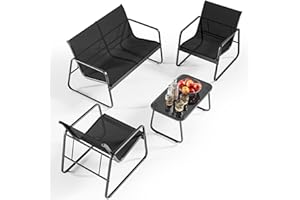 Bealife Ensemble de Meubles de Jardin 4 Pièces Salon de Jardin en métal et textilène avec 3 Fauteuils et 1 Table en Verre, Meubles Terrasse pour Patio, Jardin et Extérieur (Noir) (Lot de 4)