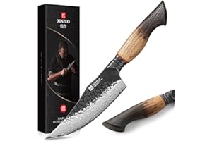 XINZUO 15cm Cuchillo Vikingo de Cocina 67 Capas de Acero de Damasco -Forjado a Mano Afilado Cuchillo de Cocinero de Deshuesar Chef para el Hogar, Cocina al Aire Libre, Camping -Mango de Roble Blanco