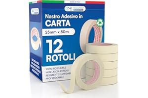 DNK TRADE Nastro di Carta - 12 Rotoli di Nastro da Imbianchini 25mm x 50m - Carta Gommata Professionale 25x50 Riciclabile per Mascheratura Pittura e Imbiancatura
