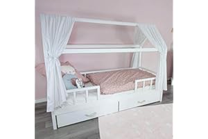 ‎PUCKDADDY Puckdaddy Linnea | Hausbett Vorhang | 146 x 298 cm | 2er-Set Stoffhimmel | 100% Baumwolle | Weiß | Pünktchen Muster | Hochwertiger Bettvorhang für das Kinderzimmer