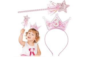WINHOLILUX 3rd Birthday Crown, Pink Glitter Princess Tiara for Girls with Wand Sparkling Pearl Headdress Party Celebration Outfit Decoration Accessory for Girl Toddler 3 Year Old