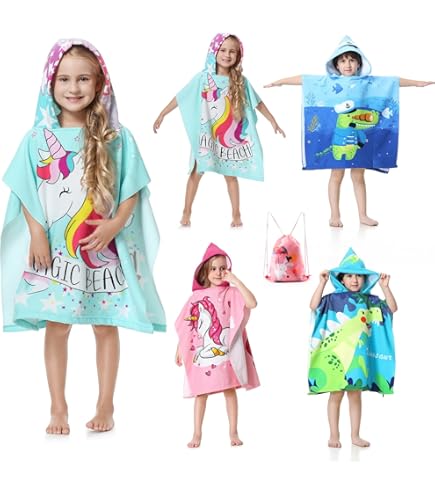 Proumhang Kinder Bad/Zwembad/Surf/Strand Poncho,Microfiber Omslagdoek met Capuchon,Strand Badjas,Watersport Poncho Handdoeken met Capuchon voor Jongens en Meisjes Stijl 4 75x60cm