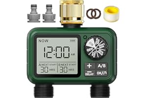 XinFuture Ordinateur d'arrosage 2 Sorties, entrée en Laiton, Grand écran LCD, minuterie d'arrosage Automatique avec retardateur de Pluie, minuterie Manuelle pour Le Jardin
