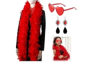 SCINZENE Federboa Set, 2M Federboa Rot Flauschige Feder Boa mit Herzbrille & Roten Ohrringen, Bunte Feder Boas für Karneval, Party, Hochzeit, Weihnachtskostüm & Festliche Dekoration, Elegant & Vielseitig