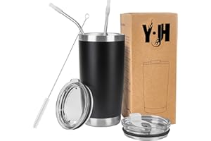 YJH Y·JH 20oz (550ml) Taza Termo Cafe Para Llevar - Vaso Con Pajita - Taza Térmica de Acero Inoxidable Reusable - 2 Tapas a Prueba de Salpicaduras Pajitas - Negro