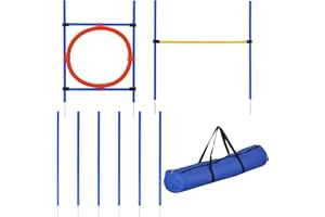 PawHut Agility Sport pour Chiens équipement Complet : poteaux Slalom, Obstacle, Anneau + Sac de Transport Bleu Jaune Rouge