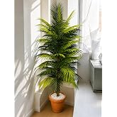 Yapay Areka Palmiyesi Dekoratif Ağa&ccedil; 150 cm, Taşlı Saksı | Kahve Ahşap G&ouml;vde, Beyaz Taş Detaylı, İ&ccedil; Mekan Bitkisi, Ger&ccedil;ek&ccedil;i G
