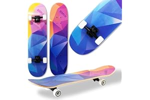 WeLLIFE Monopatín completo para principiantes – Serie RGX de madera de 80 x 20 cm, 9 capas de arce cóncavo Double Kick, rodamientos ABEC-7, dibujo sobre Grip Tape – Apto para niños, jóvenes y adultos