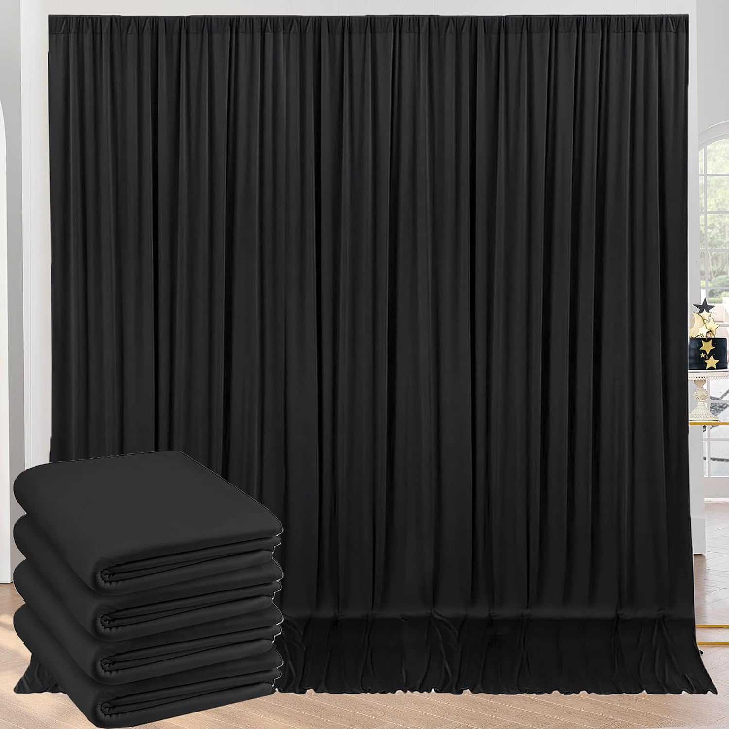 20ft x 10ft Wrinkle Free Black Backdrop Curtains for Parties, 4 Panels 5x10ft Silky Polyester Black Photo Backdrop Drapes for Wedding Graduation Birthday Party Photography Background
