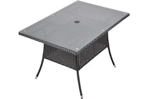 Warmiehomy Rattan Garden Table 120x80cm Outdoor Dining Table with Tempered Glass Tabletop Wicker Patio Tables with Parasol Hole Black Outdoor Side Tables
